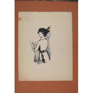  Lady Leaving Sketch Ink Drawing Fine Antique Old Art: Home 