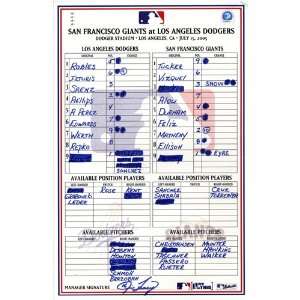  Giants vs. Dodgers 7 15 2005 Game Used Lineup Card (Jim 