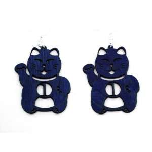  Royal Blue Lucky Cat Number One Wooden Earrings: GTJ 