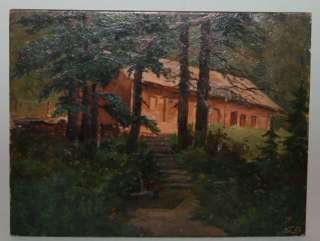 SIGNED OIL PAINTING HUNGARIAN LANDSCAPE w. LOG CABIN c. 1909