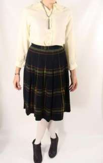 vintage 50s 60s BLACK & GREEN PLAID Pleated Wool Skirt Cute School 