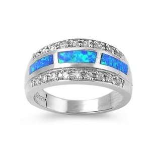 Sterling Silver Ring in Lab Opal   Blue Opal, Clear CZ   Ring Face 