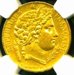 1850 A FRANCE CERES GOLD COIN 20 FRANCS * NGC RARE GEM  