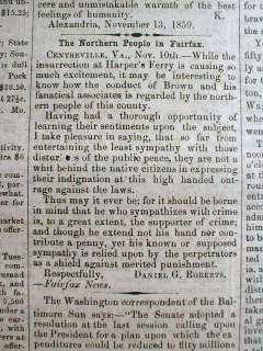 1859 Alexandria VIRGINIA newspaper JOHN BROWN RAID Harpers Ferry WEST 