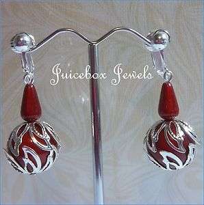CLIP ON Red/Silvertone Miracle Beads 1 Long Drop Dangle Earrings(C363 