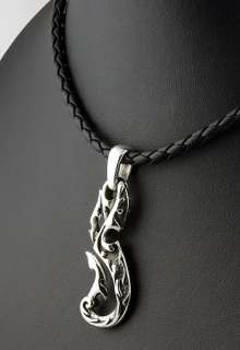 FLAME HOOK TATTOO BIKE 100% 925 SILVER LEATHER NECKLACE  