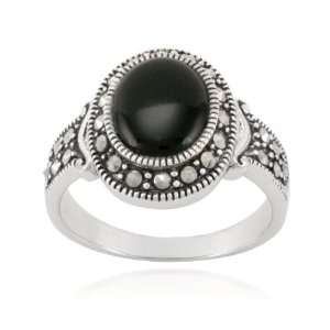  Sterling Silver Marcasite and Oval Onyx Ring, Size 7 
