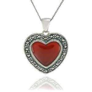   : Sterling Silver Marcasite and Carnelian Heart Pendant, 18 Jewelry