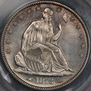 1873 PCGS/CAC AU58 ARROWS SEATED LIBERTY HALF DOLLAR HINT OF PL FLASH 