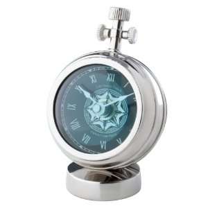   Polished Nickel Mantle Clock with Fish Eye Glass and Compass Rose