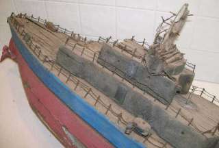 Folk Art Old Solid Log Boat Blue And Red Nail Railings  