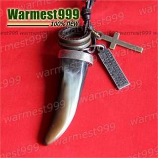 unisex Genuine Mens Leather necklace wolf tooth dog tag pendant choker 