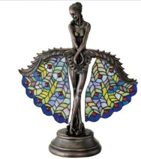 Art Nouveau Peacock Fan Dancer Lamp Illuminated Stained Glass 