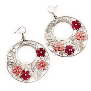  Silver Tone Pink Flower Hoop Drop Earrings   7cm Length 