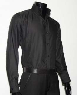 Mens New Slim Skinny Fit Black High Collar Dress Shirt 04 Size US S XL 