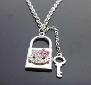 Hello Kitty key love lock pink bow crystal necklace T17  