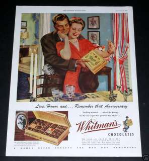 1943 OLD WWII MAGAZINE PRINT AD, WHITMANS CHOCOLATE CANDIES, RAY 