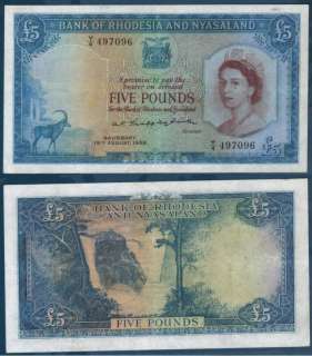 1958 QEII BANK OF RHODESIA & NYASALAND 5 POUNDS *RARE*  