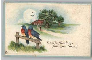Old Postcard Easter Greetings..Blue Birds on a Fence  