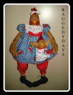 PATTERN PRIMITIVE DOLL MAMA CHICKEN DOLL, ROOSTER BABY & WATERMELON 
