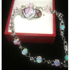 Inlay Opal & Pink Topaz Ring & Bracelet NEW SPARKLING 