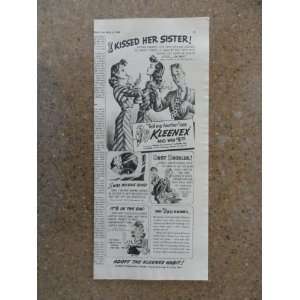  Kleenex, Vintage 40s Illustration print ad. (I kissed her 