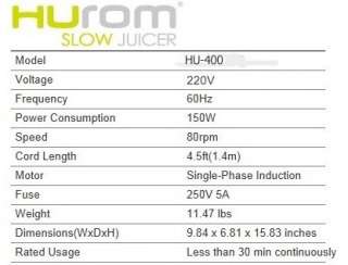 HUROM HU 400 Slow Juicer Extractor Fruit Vegetable Citrus/Free 