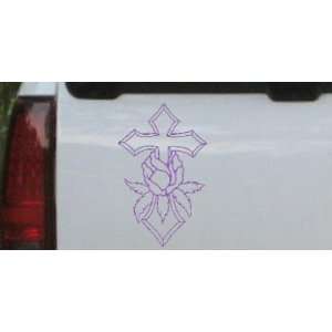 8in X 5.1in Purple    Cross With Rose Christian Car Window Wall Laptop 