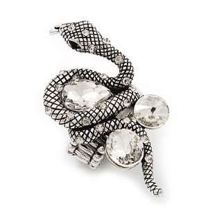 Stunning Clear Swarovski Crystal Snake Stretch Ring In Burn Silver 