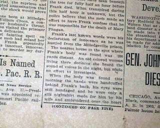 1915 Newspaper LEO FRANK LYNCHING 1st Report Mary Phagan Murder JEWISH 