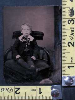 Antique Tintype Photo Seated Young Boy Large Collar Tie Knickers in 