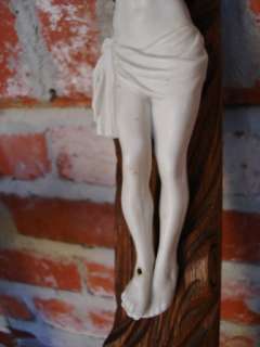 Antique English Carved Wood Wall Cross Crucifix Porcelain Jesus  