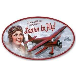  Learn to Fly Aviation Oval Metal Sign   Garage Art Signs 