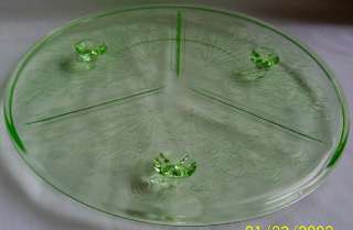   ASTER GREEN 10 DIAMETER 3 FOOTED CAKE PLATE by U.S. GLASS CO.!  