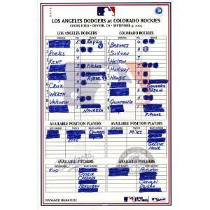  Rockies vs. Dodgers 9 04 2005 Game Used Lineup Card 