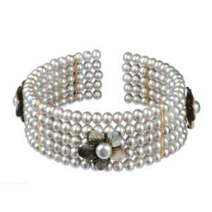  Silver Pearl with Mother of Pearl Flowers Cuff Bracelet, 7 