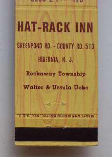 1950s Matchbook Hat Rack Inn Uebe Rockaway Hibernia NJ  