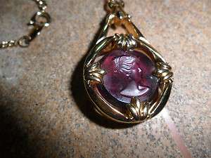 AVON CAMEO NECKLACE AMETHYST COLOR INVERTED LONG CHAIN  