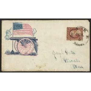 Civil War envelope,firing cannon,American flag,cannon balls,patriotic 