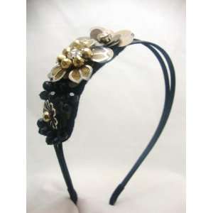   NEW Black with Antique Gold Beaded Flower Headband, Limited.: Beauty