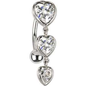   Yellow Gold Top Mount Cubic Zirconia Heart Trilogy Belly Ring: Jewelry