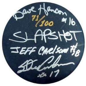 Hanson Brothers Autographed Slap Shot Chiefs Hockey Puck #71/100 PSA 