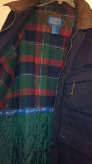 Pendleton Coat Jacket Parka Style Leather Trim Hood Mens Large Blue 