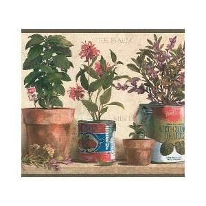 Wallpaper Border Country Shelf Soap Cans with Herbs Sage, Rosemary 