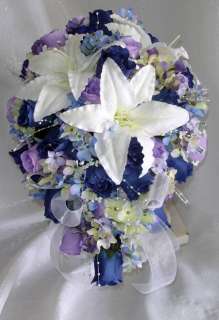   Blue Lilac Lavender CASCADE Bridal BOUQUET Silk Wedding Flowers NEW