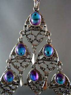    Vtg Silver Metal & Purple Blue Stone Fringe Pendant Necklace  