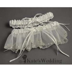 Wedding Garter Heart White Lace Satin and Rhinestone   Adjust Garter 
