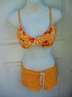 NWT NOSS Orange Tropical Floral UW Bra & Boyshorts Bikini M/L  