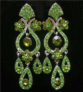 Green Swarovski Crystal Flower Long Chandelier Earring  