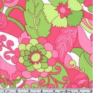  52 Wide Stretch Twill Retro Blooms Pink/Green Fabric By 